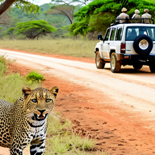 Home 11 **A jeep safari in Yala National Park, Sri Lanka. A leopard is visible in the distance, blending with the dry brush. Tourists with binoculars are excitedly looking in its direction. Bright daylight.**