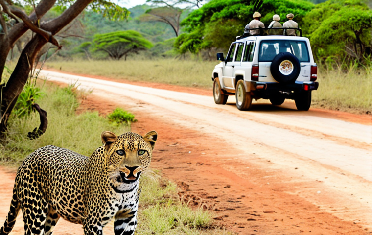 **A jeep safari in Yala National Park, Sri Lanka. A leopard is visible in the distance, blending with the dry brush. Tourists with binoculars are excitedly looking in its direction. Bright daylight.**