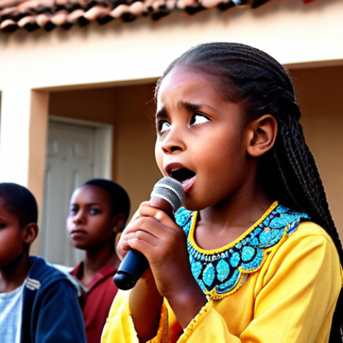 Home 6 **
A young Hiba Mawela singing at a local neighborhood event. Focus on her childhood, showcasing her talent and passion for music. The scene should be vibrant and capture the attention of a captivated audience.
**