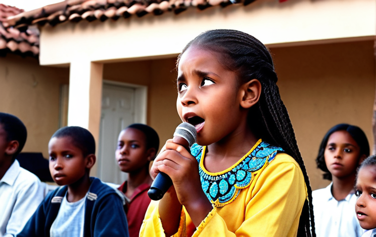 **
A young Hiba Mawela singing at a local neighborhood event. Focus on her childhood, showcasing her talent and passion for music. The scene should be vibrant and capture the attention of a captivated audience.
**