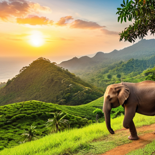 **Prompt 1: Natural Wonders & Wildlife of Sri Lanka**
    A breathtaking panoramic view of Sri Lanka, showcasing its incredible natural diversity. On one side, a pristine golden sandy beach with crystal-clear turquoise ocean waters, gentle waves rolling in. On the other, lush green mountains covered in sprawling tea plantations, with a cool, misty atmosphere. In the mid-ground, a vibrant wildlife scene featuring majestic elephants and a elusive leopard within a dense, sun-dappled national park (like Yala), capturing their peaceful existence. The sky depicts a transition from a warm, orange-hued sunset over the ocean to a bright, clear blue above the mountains, emphasizing the island's unique geographical blend and serene beauty.