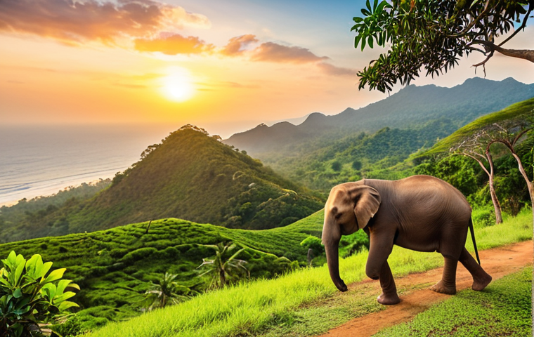 **Prompt 1: Natural Wonders & Wildlife of Sri Lanka**
    A breathtaking panoramic view of Sri Lanka, showcasing its incredible natural diversity. On one side, a pristine golden sandy beach with crystal-clear turquoise ocean waters, gentle waves rolling in. On the other, lush green mountains covered in sprawling tea plantations, with a cool, misty atmosphere. In the mid-ground, a vibrant wildlife scene featuring majestic elephants and a elusive leopard within a dense, sun-dappled national park (like Yala), capturing their peaceful existence. The sky depicts a transition from a warm, orange-hued sunset over the ocean to a bright, clear blue above the mountains, emphasizing the island's unique geographical blend and serene beauty.