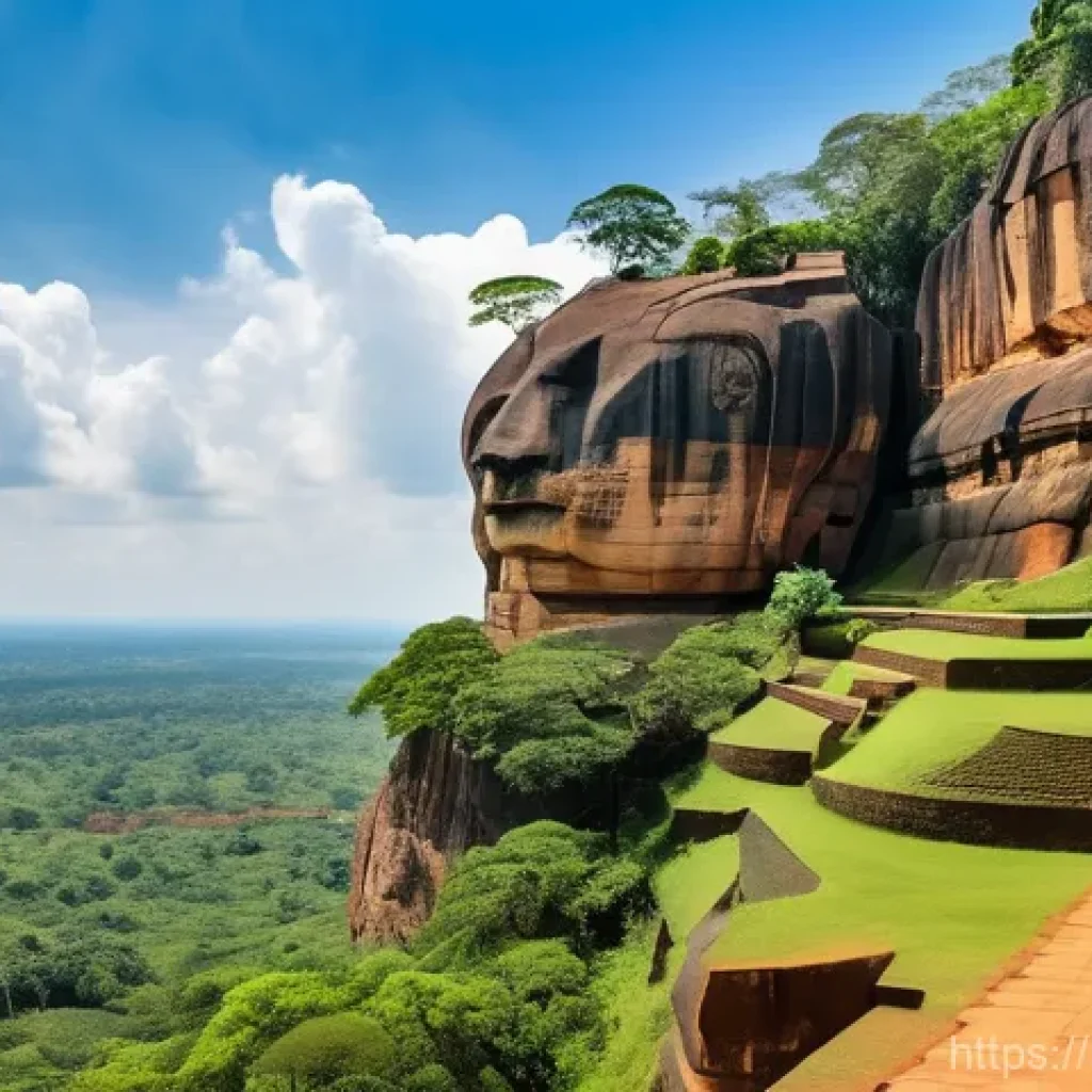 스리랑카 고고학 탐구 - "An epic, panoramic view of the ancient Sigiriya rock fortress in Sri Lanka. The majestic Lion's Paw...