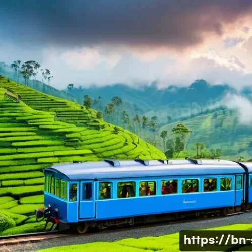 Home 8 스리랑카 초보 여행자를 위한 가이드 - A picturesque scenic view of a classic blue train winding through lush, vibrant green tea plantation...