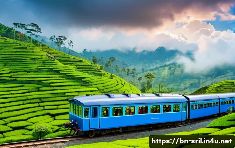스리랑카 초보 여행자를 위한 가이드 - A picturesque scenic view of a classic blue train winding through lush, vibrant green tea plantation...