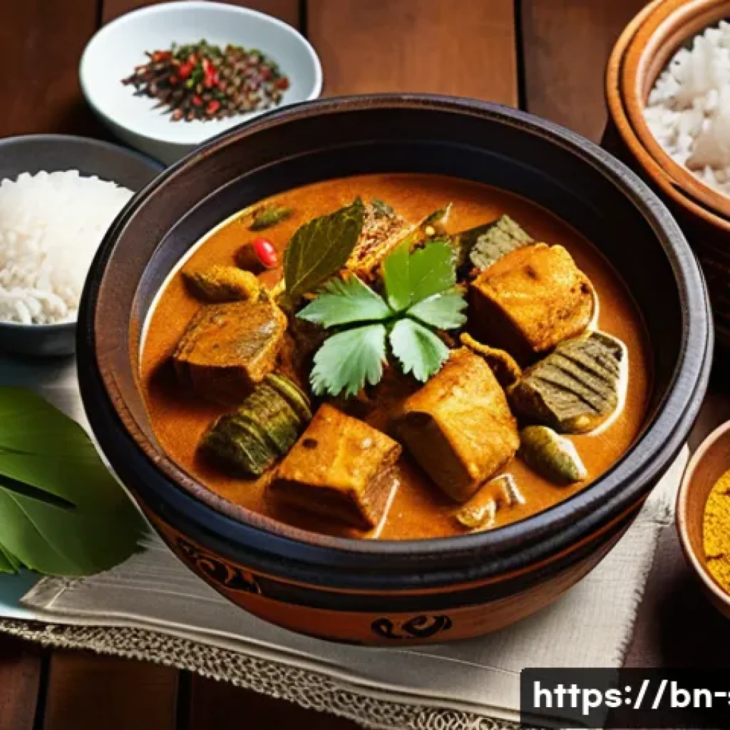 스리랑카의 대표 카레 요리 - A vibrant Sri Lankan fish curry scene featuring a rustic clay pot filled with rich yellow and reddis...