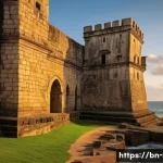스리랑카 남부 갈레 요새 역사 - A detailed and realistic image of the ancient walls of Galle Fort, showcasing massive stone and conc...