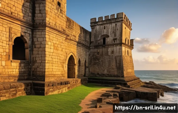 스리랑카 남부 갈레 요새 역사 - A detailed and realistic image of the ancient walls of Galle Fort, showcasing massive stone and conc...