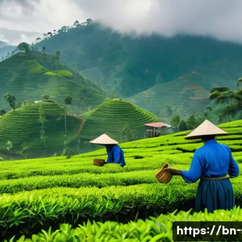 스리랑카의 산업 주요 품목 - A vibrant tea plantation scene in Sri Lanka&rsquo;s highlands during early morning mist, showing workers w...