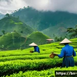 스리랑카의 산업 주요 품목 - A vibrant tea plantation scene in Sri Lanka&rsquo;s highlands during early morning mist, showing workers w...