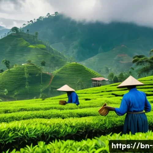 스리랑카의 산업 주요 품목 - A vibrant tea plantation scene in Sri Lanka&rsquo;s highlands during early morning mist, showing workers w...