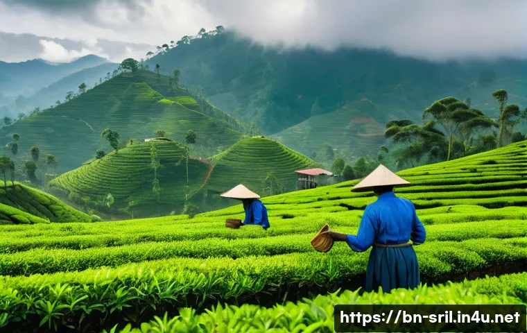 스리랑카의 산업 주요 품목 - A vibrant tea plantation scene in Sri Lanka’s highlands during early morning mist, showing workers w...