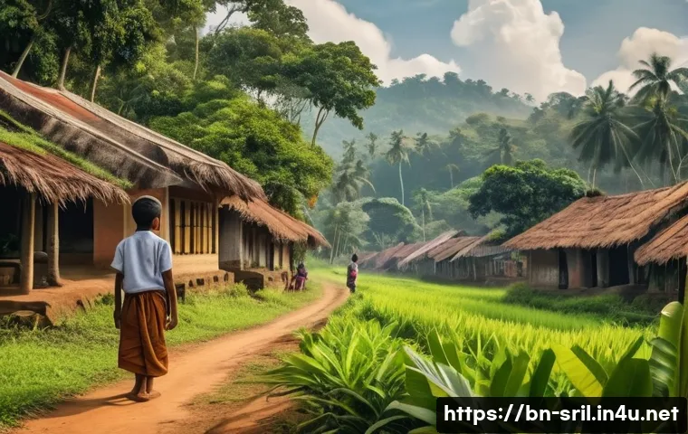 스리랑카의 유명 작가 마이클 온다체 - A serene rural Sri Lankan village scene capturing a young boy’s childhood memories, surrounded by lu...