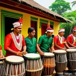 스리랑카의 전통악기 소개 - A vibrant traditional Sri Lankan festival scene featuring musicians playing indigenous drums like th...