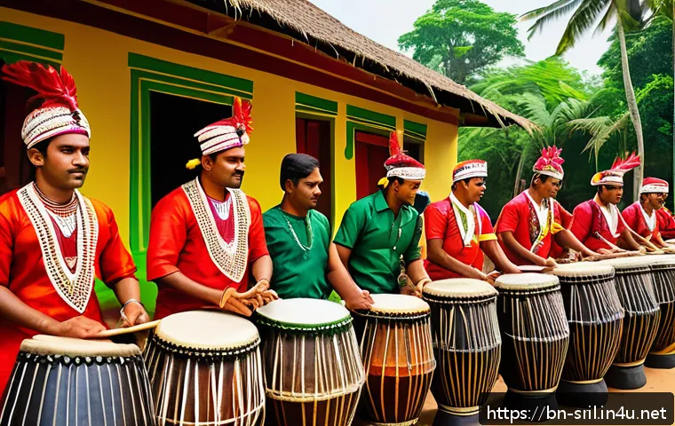스리랑카의 전통악기 소개 - A vibrant traditional Sri Lankan festival scene featuring musicians playing indigenous drums like th...